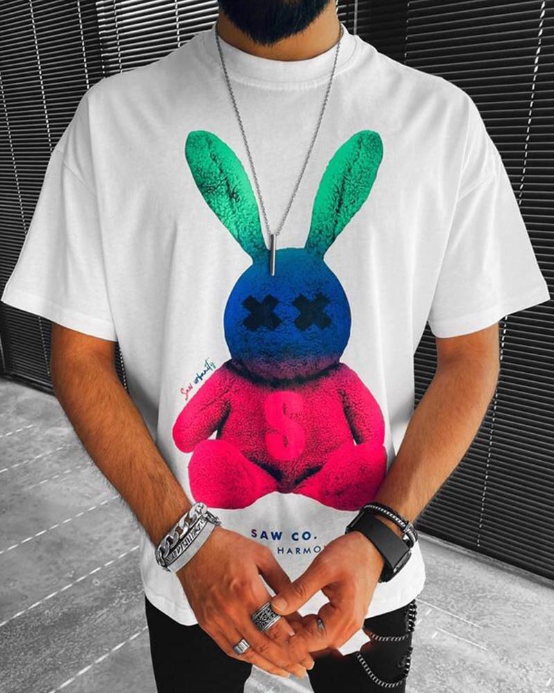 

Color Block Rabbit Print Short Sleeve T-shirt, White