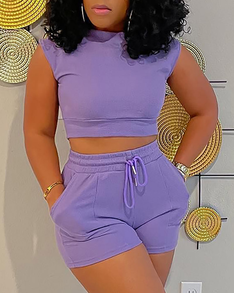 

Cap Sleeve Crop Top & Drawstring Pocket Design Shorts Set, Purple
