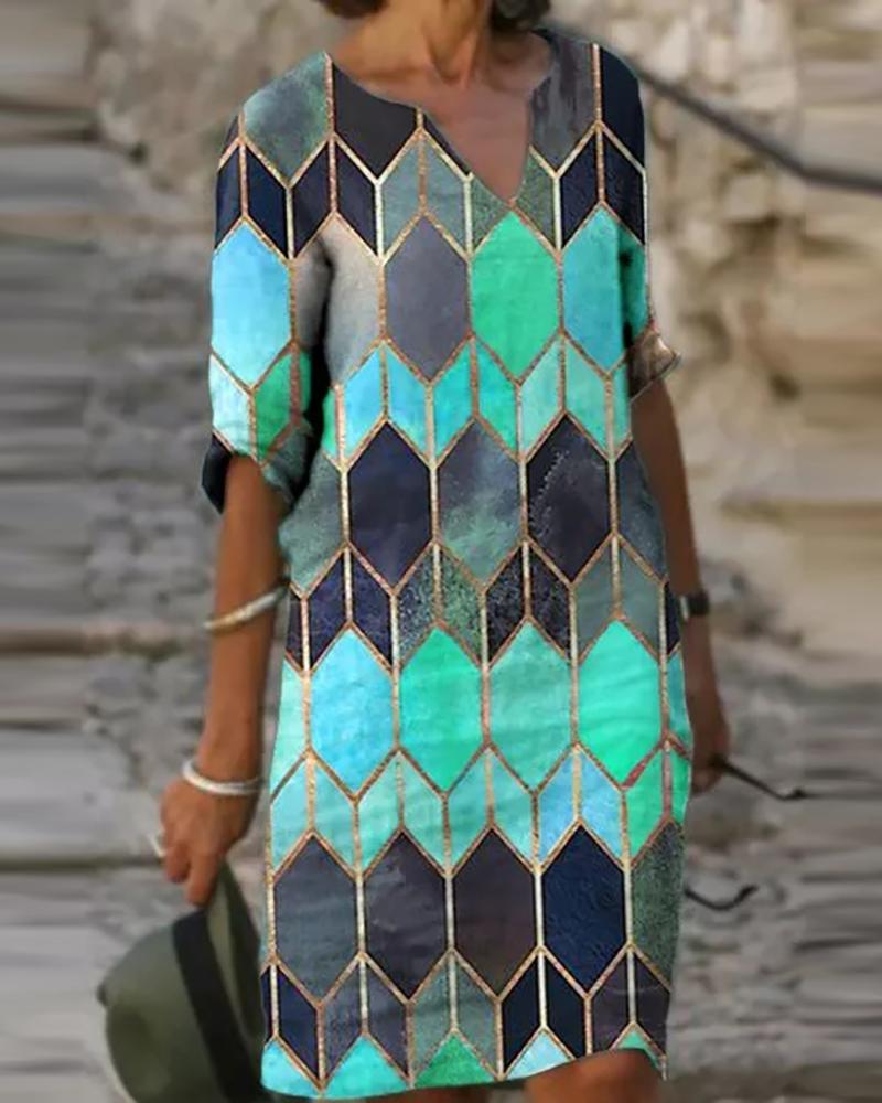 

Geo Print Colorblock Half Sleeve Dress, Blue