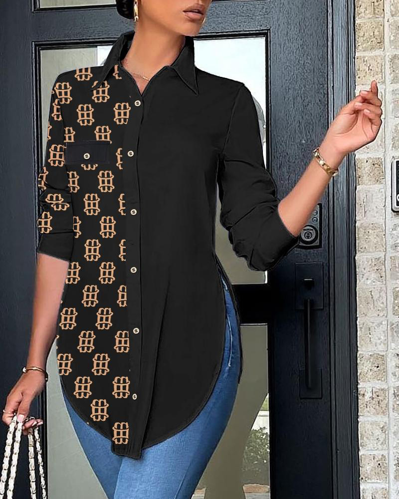 

ChicMe Letter Print Side Slit Button Down Shirt, Black