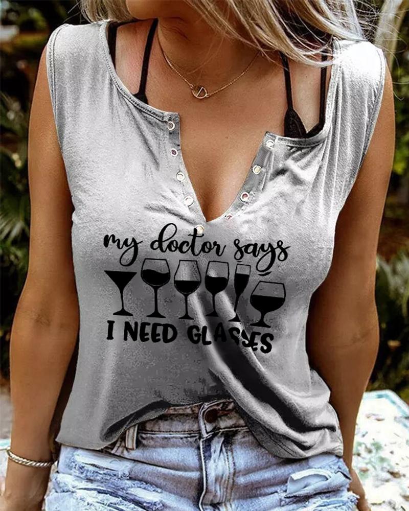 

Wine Glass Letter Print Eyelet Decor Casual Tank Top, Gray