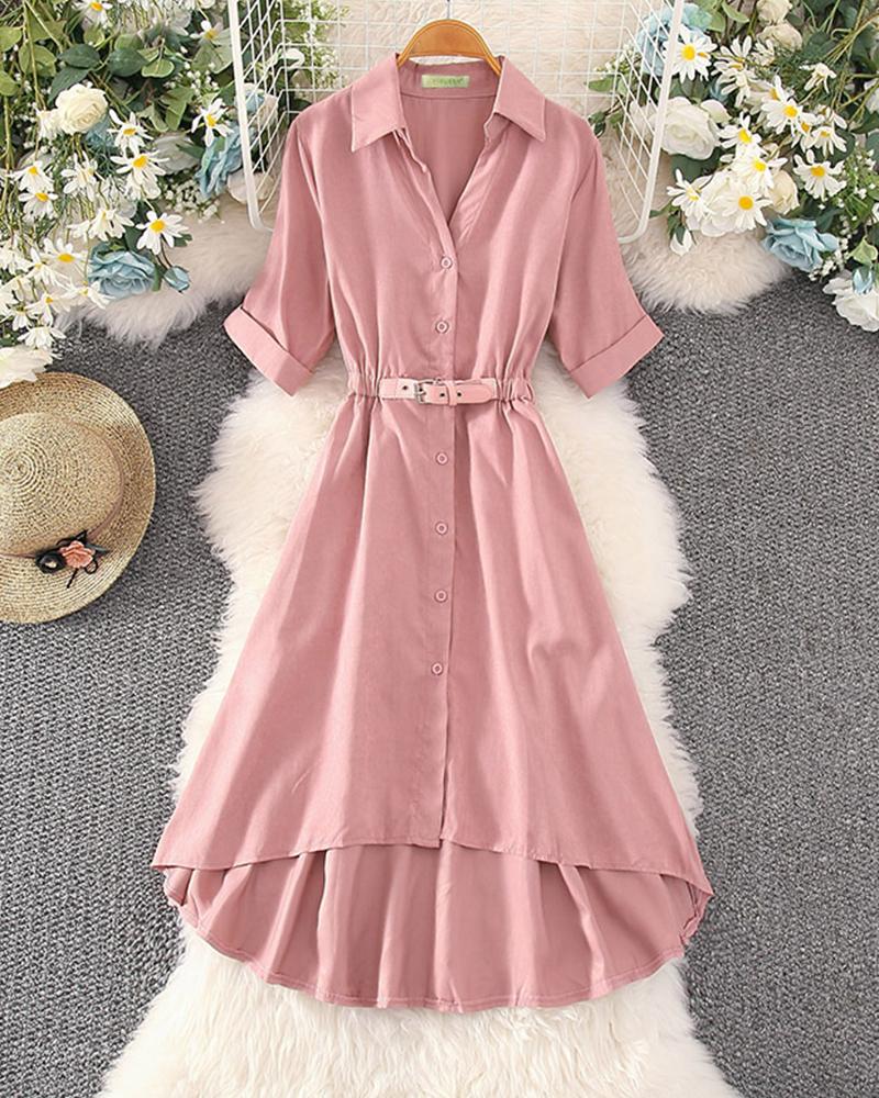 

Solid Short Sleeve Lace-UP Waist Loose Shirt Dress, Pink