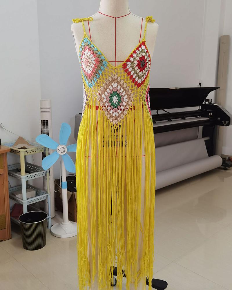 

Tassel Design Geometric Pattern Cover Up Crochet Dress, Yellow