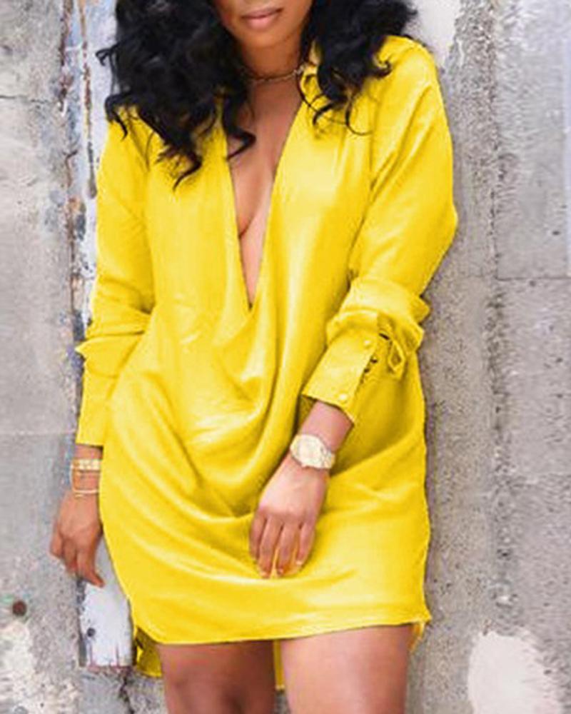 

Plus Size Long Sleeve Cowl Neck Shirt Dress, Yellow