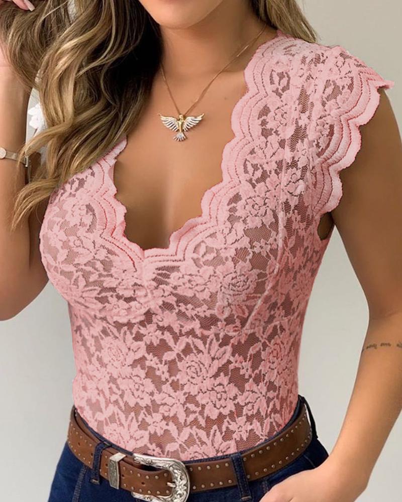 

Crochet Lace V Neck Bodysuit, Pink