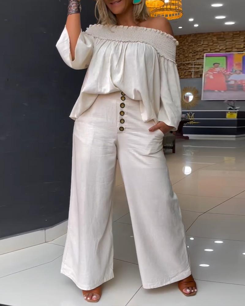 

Ensemble 2 pièces haut à épaules dénudées et ourlet à volants avec boutons et pantalon taille haute, Apricot