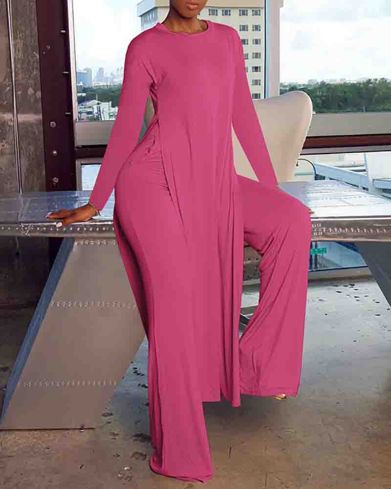 

High Slit Longline Top & Pocket Design Pants Set, Hot pink