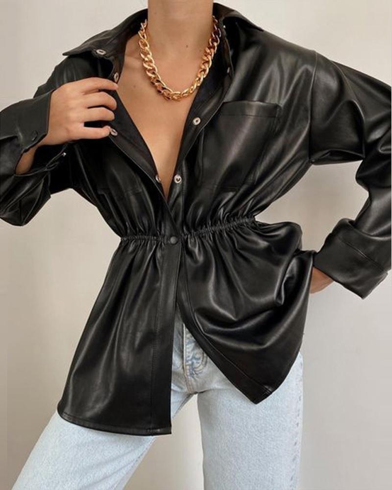 

PU Leather Long Sleeve Buttoned Shacket, Black
