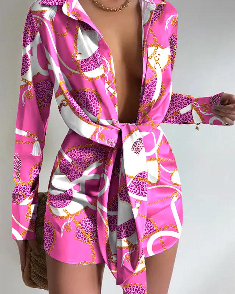 

Scarf Chain Print Tied Detail Shirt Dress, Hot pink