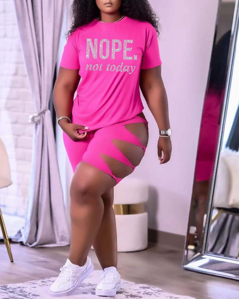 

Rhinestone Letter Pattern Casual Top & Cutout Shorts Set, Hot pink