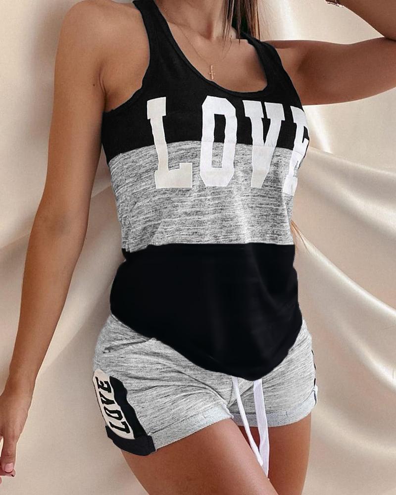 

Letter Print Colorblock Drawstring Pajamas Set, Gray