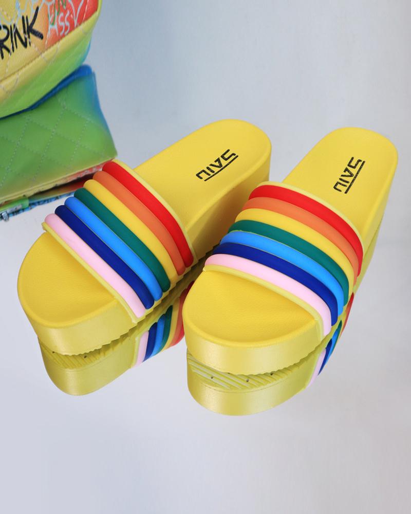 

Round-toe Rainbow Strap Platform Flat Slippers, Yellow