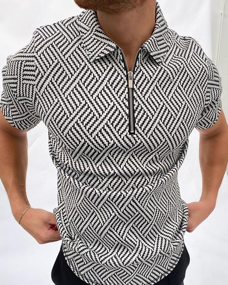 

Abstract Patterns Print Short Sleeve Zip-up Polo Shirts, Black
