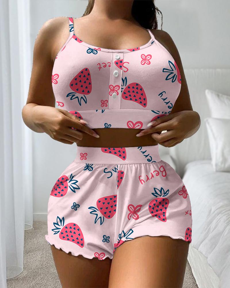 

Plus Size Cherry Letter Print Buttoned U-Neck Cami Set, Pink