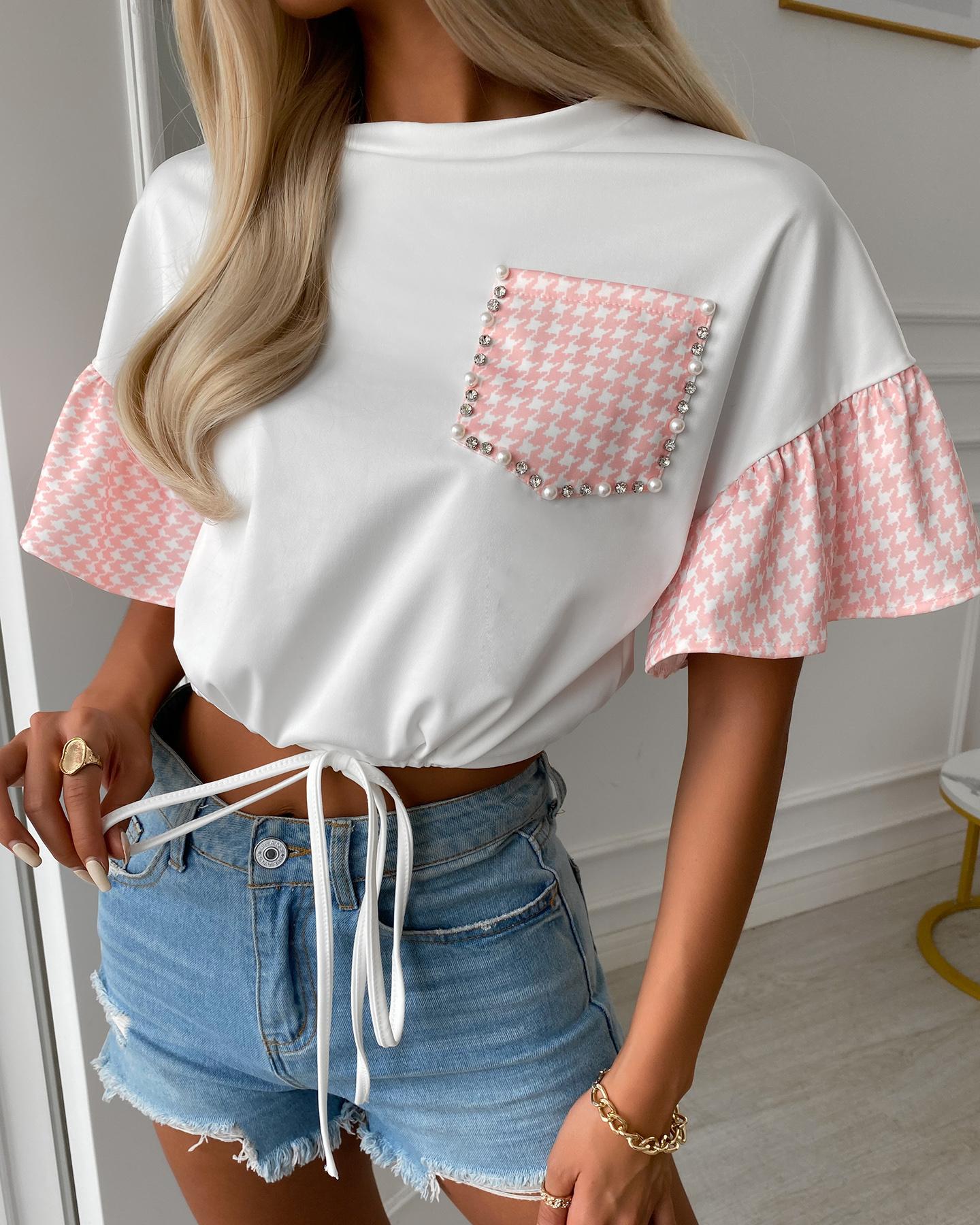 

Houndstooth Print Beaded Studded Bell Sleeve Top, Pink