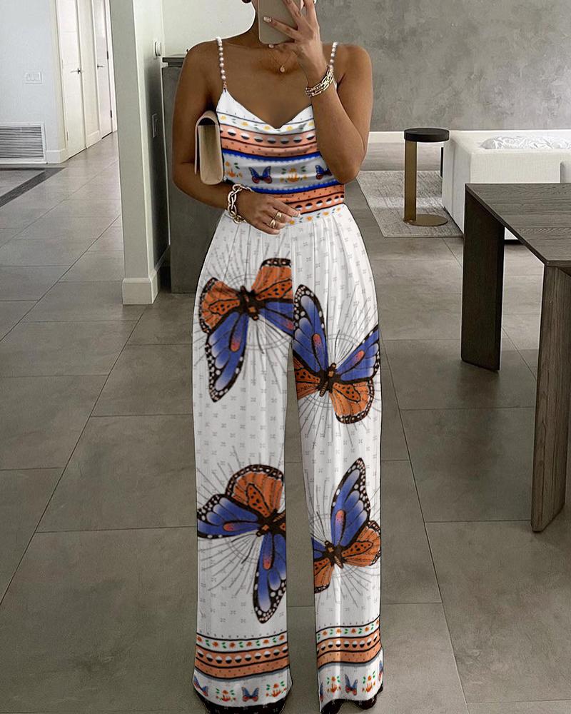 

Butterfly Print Cowl Neck Casual Jumpsuit, White