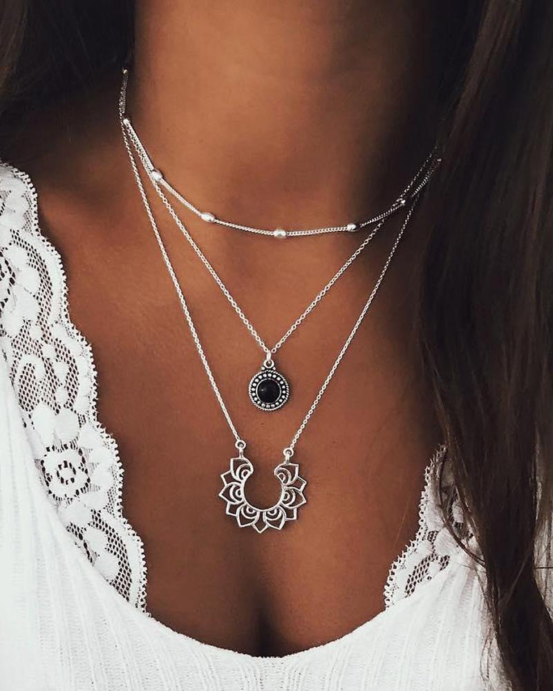 

Retro Lotus Flower Geometric Pendant Multilayer Chain Necklace, Silver