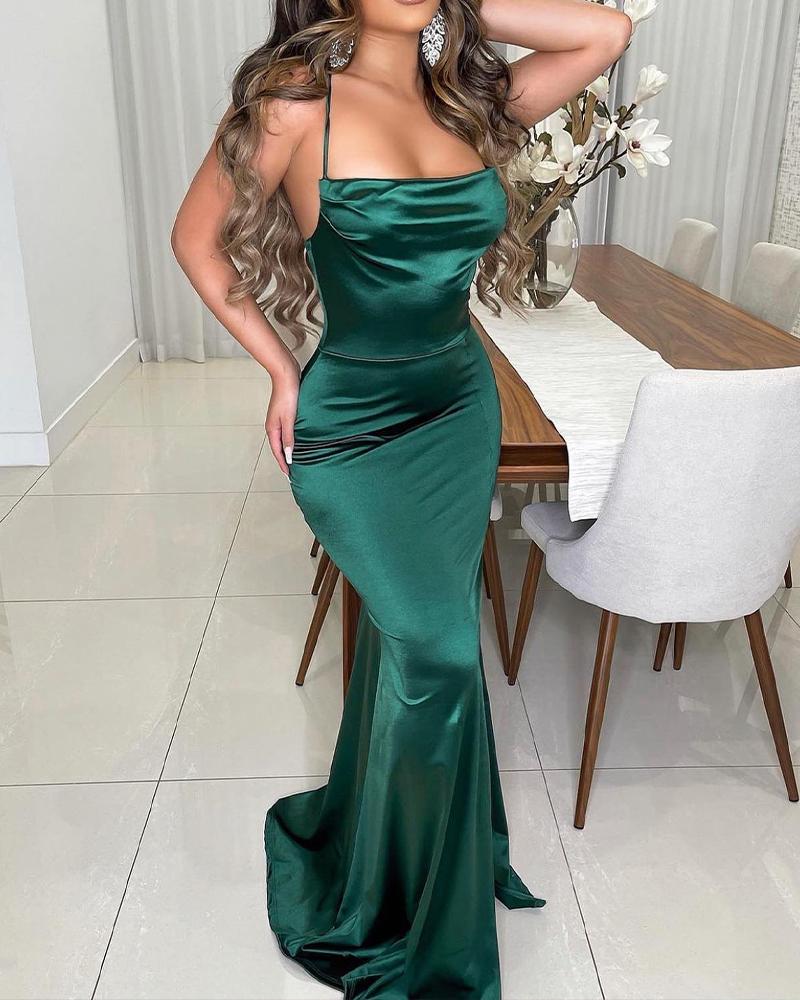 

Satin Halter Backless Mermaid Evening Dress, Green