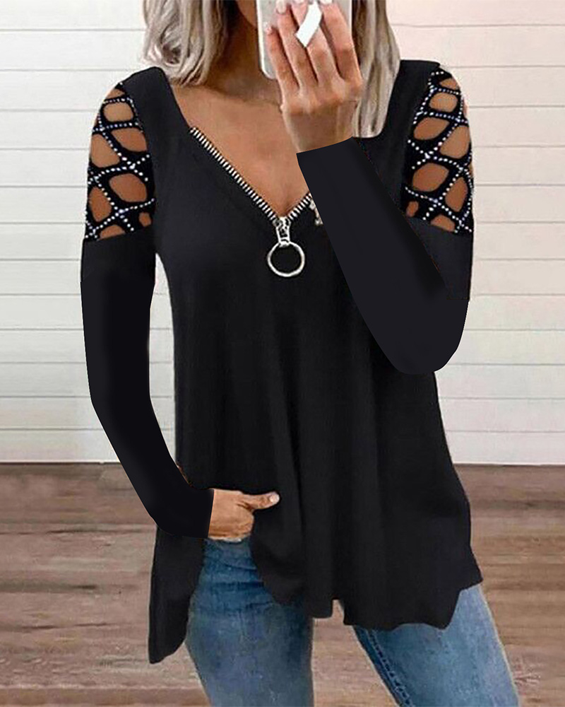 

Rhinestone Hollow-Out Zipper Front Long Sleeve Top, Black