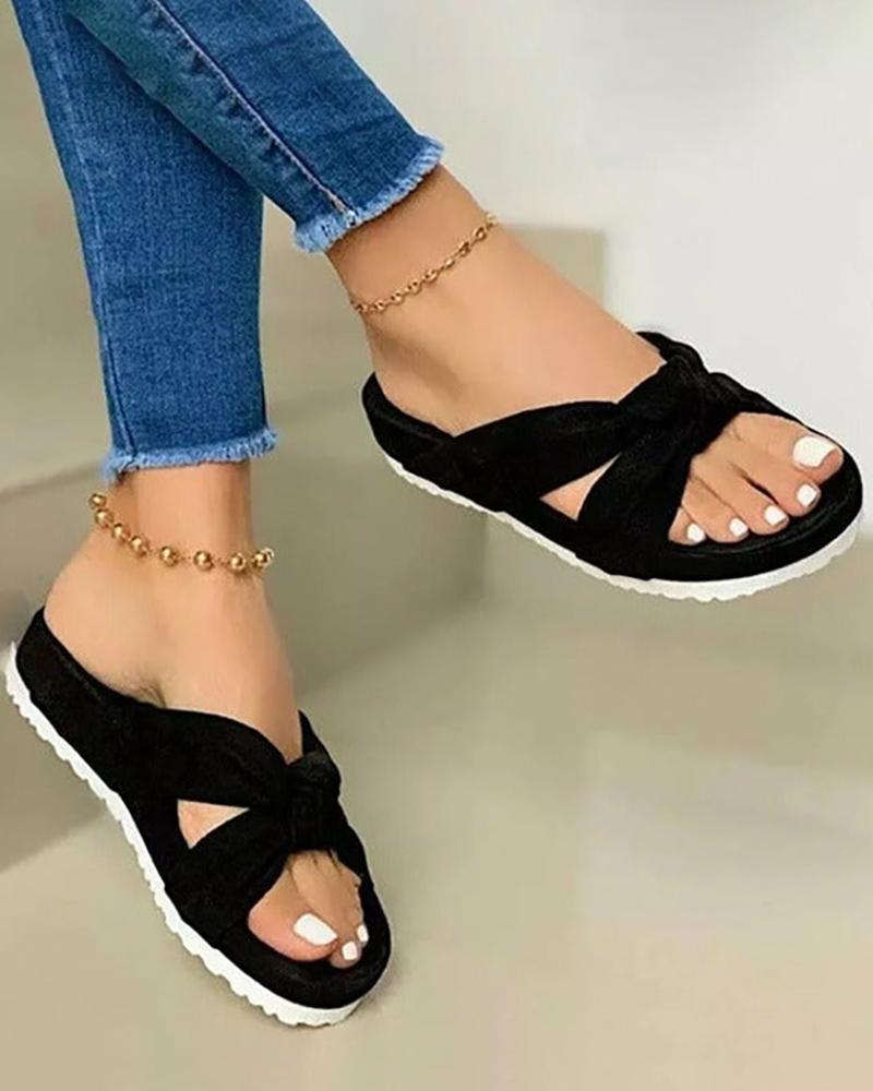 

Velvet Knotted Detail Casual Slippers, Black