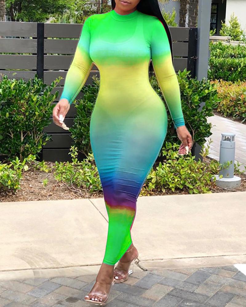 

Long Sleeve Colorblock Sheer Maxi Dress, Green