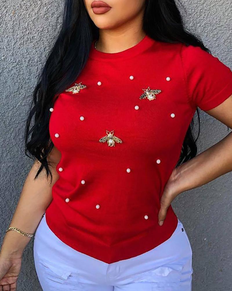 

Beaded Detail Short Sleeve T-Shirt, Red