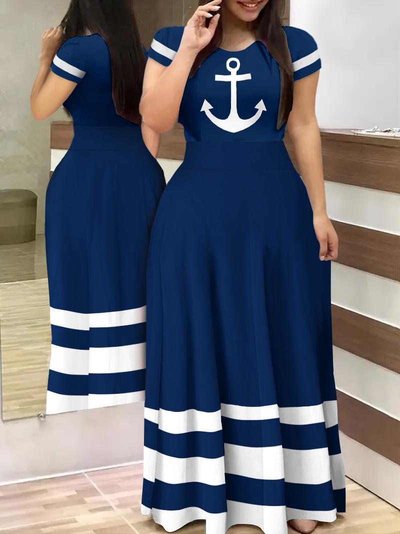 

Plus Size Anchor Striped Print Short Sleeve Maxi Dress, Purplish blue