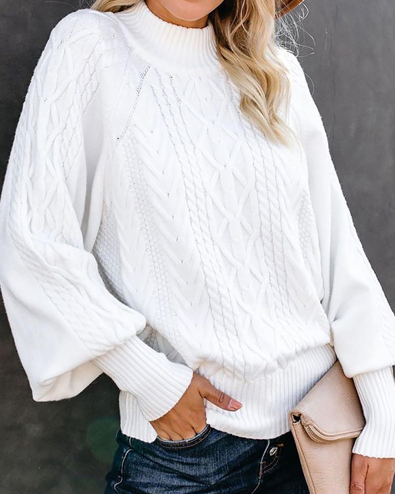

Lantern Sleeve High Neck Cable Knit Warm Sweater, White
