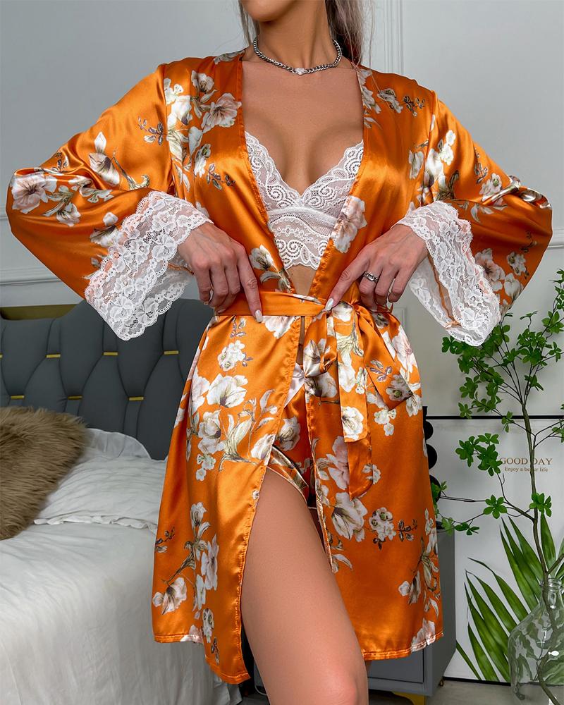 

Floral Print Contrast Lace Belted Robe, Orange