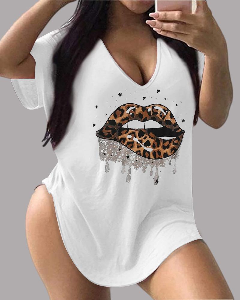 

Star Lip Print Short Sleeve V-Neck T-shirt, White
