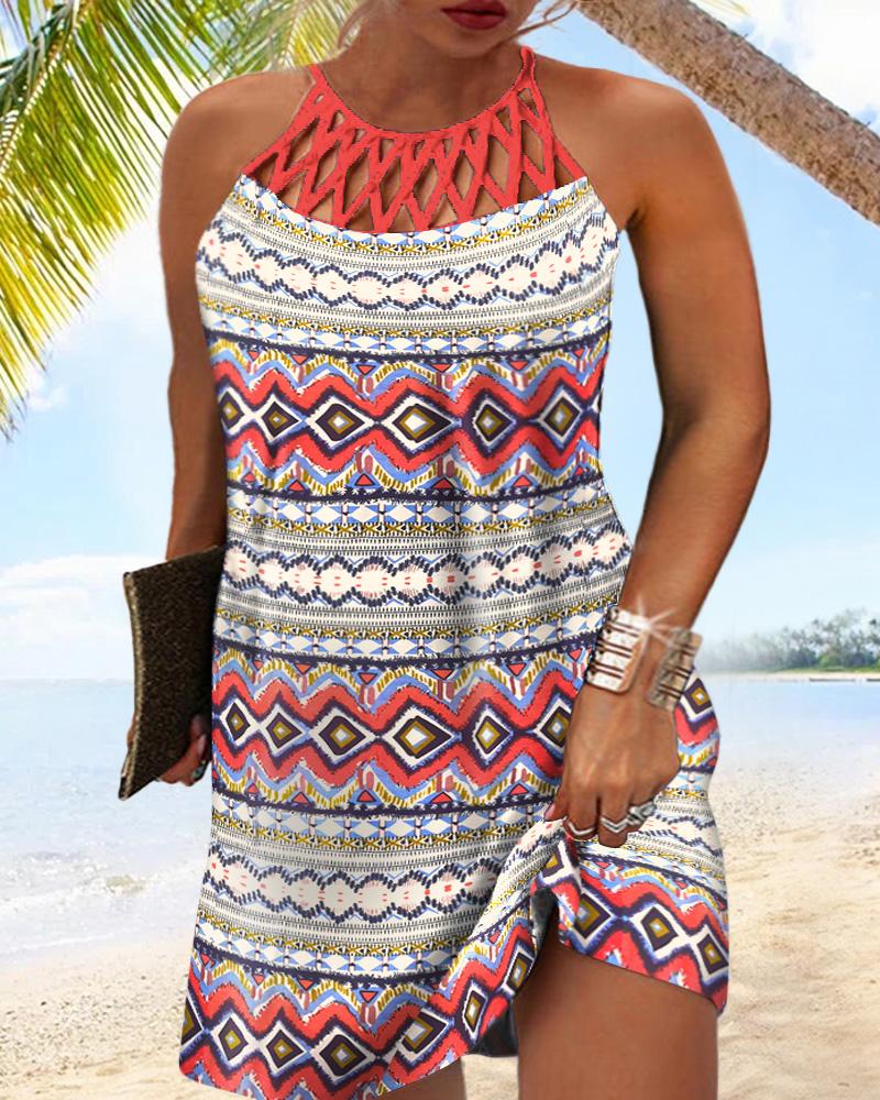 

Plus Size Tribal Geometric Print Hollow Out Casual Dress, Multicolor