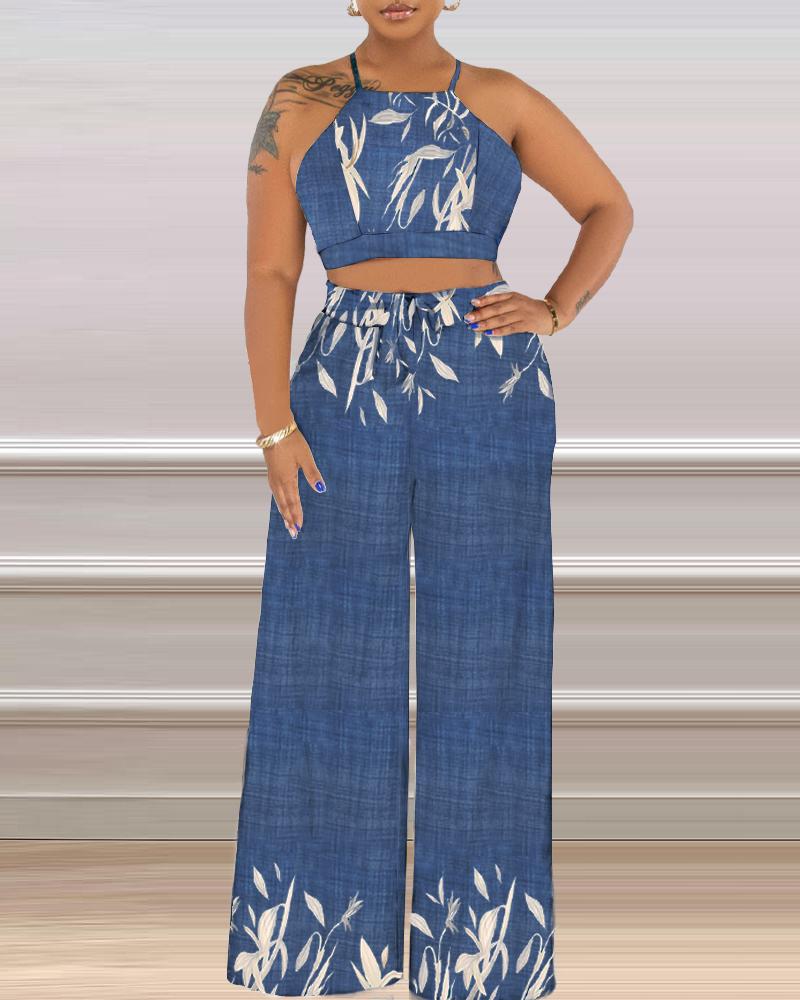

Plants Print Crop Top & Wide Leg Pants Set, Blue