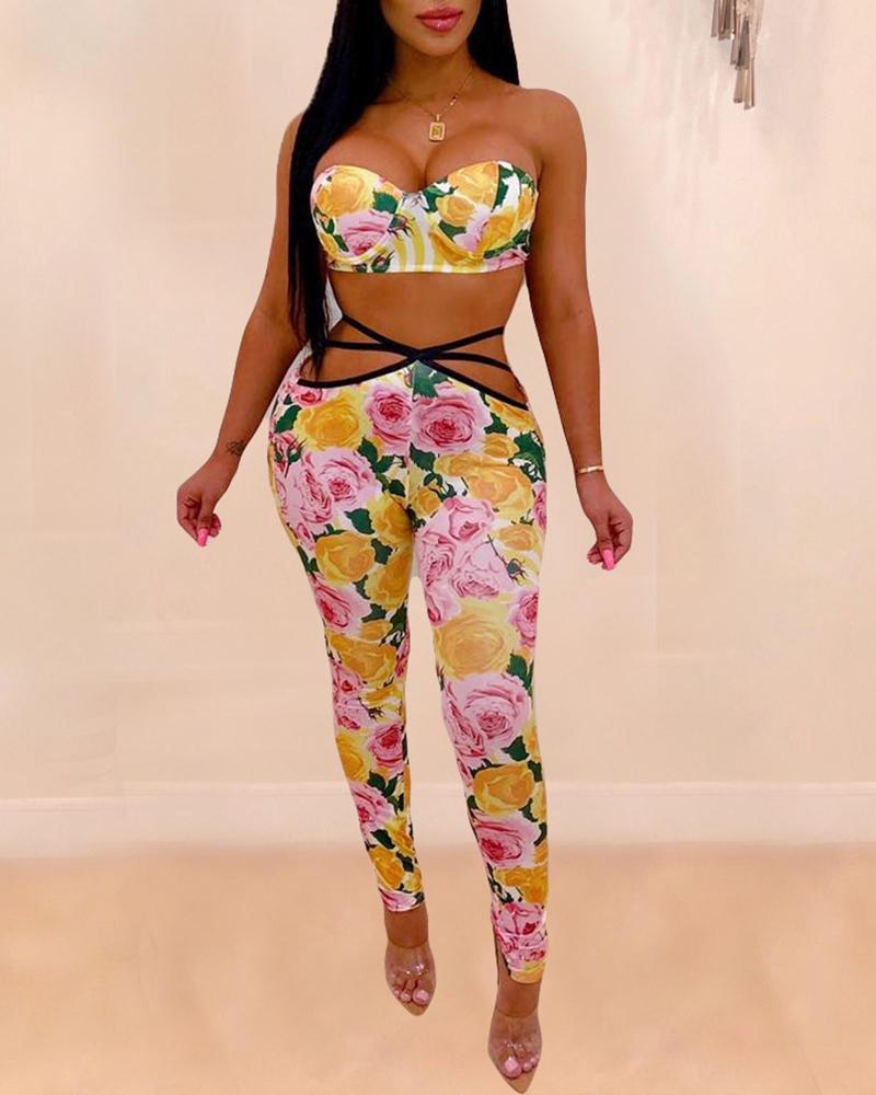 

Off Shoulder Skinny Top & Cutout Strappy Pants Set, Yellow