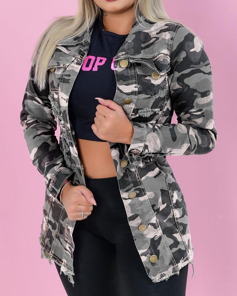 

Camo Tiger Print Ripped Raw Hem Jacket, Camoflage