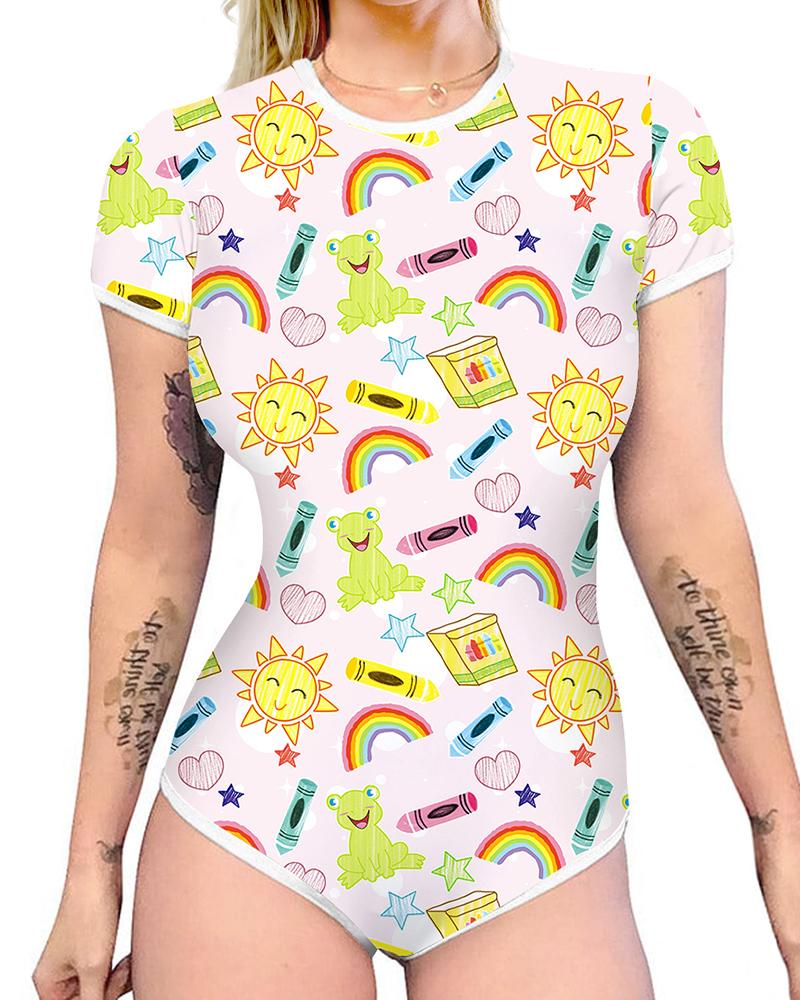 

Dinosaur Cartoon Print Short Sleeve Skinny Rompers, Style8
