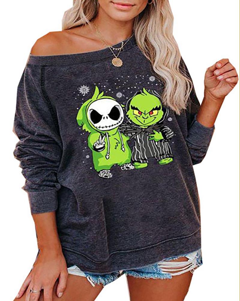 

Christmas Grinches Print Round Neck Long Sleeve Top, Gray