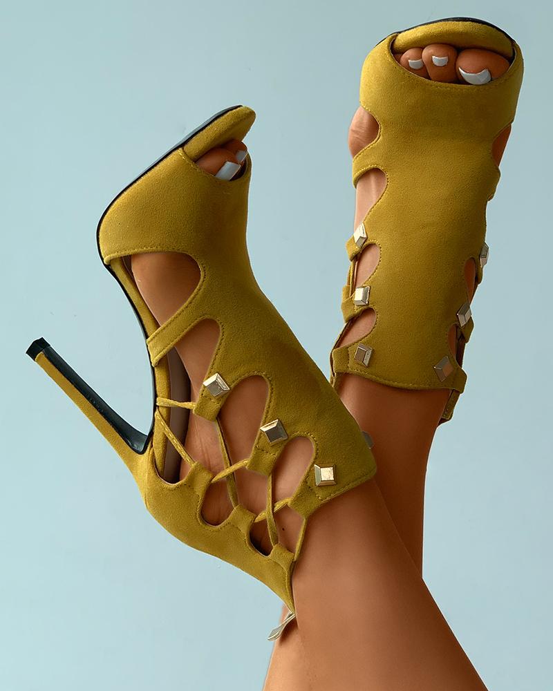 

Lace-up Suede Rivet Decor Cutout Stiletto Heels, Yellow