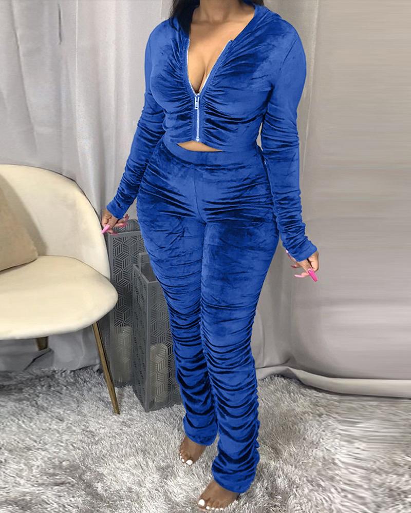 

Ruched Long Sleeve Hooded Zip Up Top & Pants Set, Blue