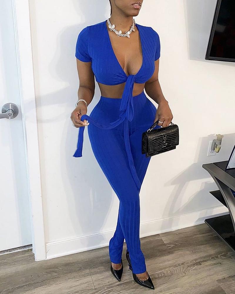 

Solid Color Short Sleeve Suit Sets, Blue