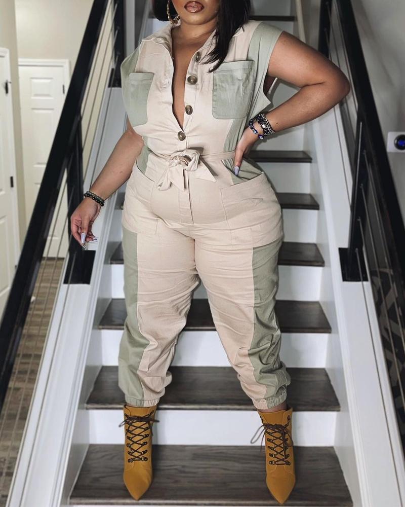 

Plus Size Contrast Paneled Button Front Jumpsuit, Apricot