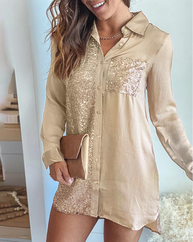 

Sequin Pocket Design Buttoned Long Sleeve Shirt Dress, Khaki
