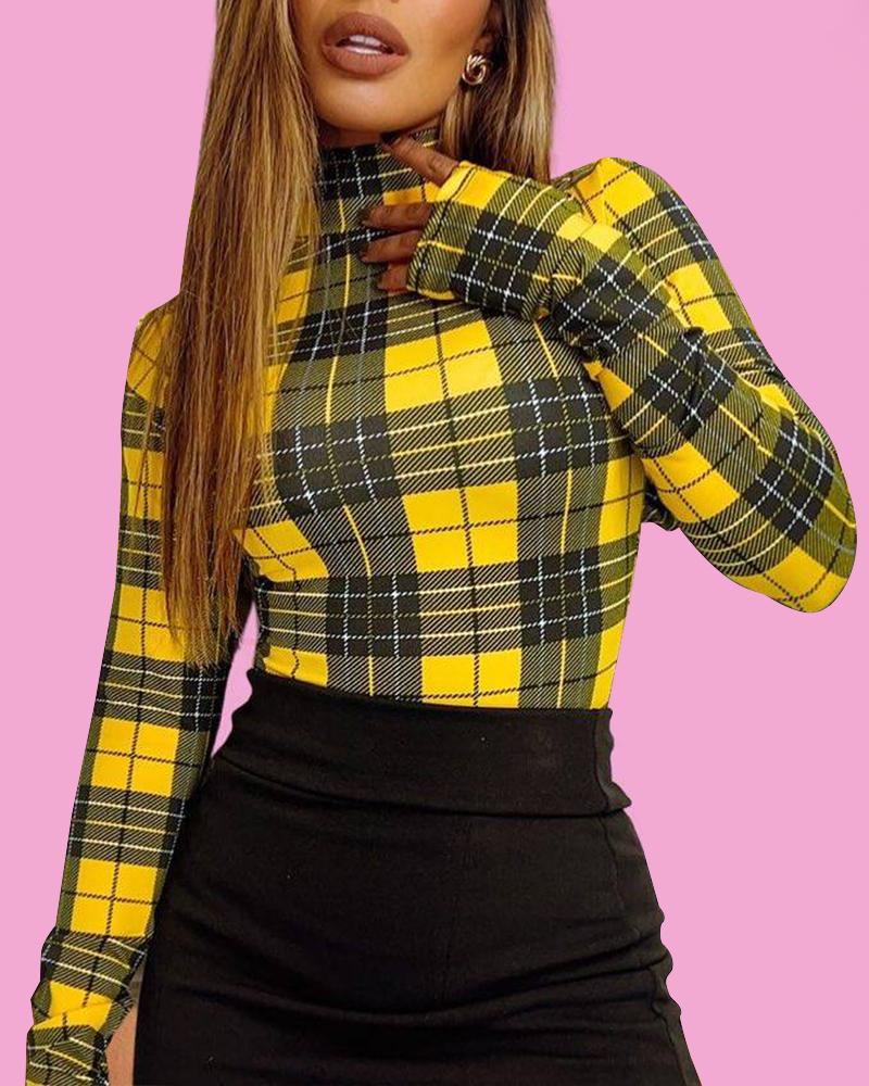 

Plaid Print High Neck Long Sleeve Skinny Top, Yellow