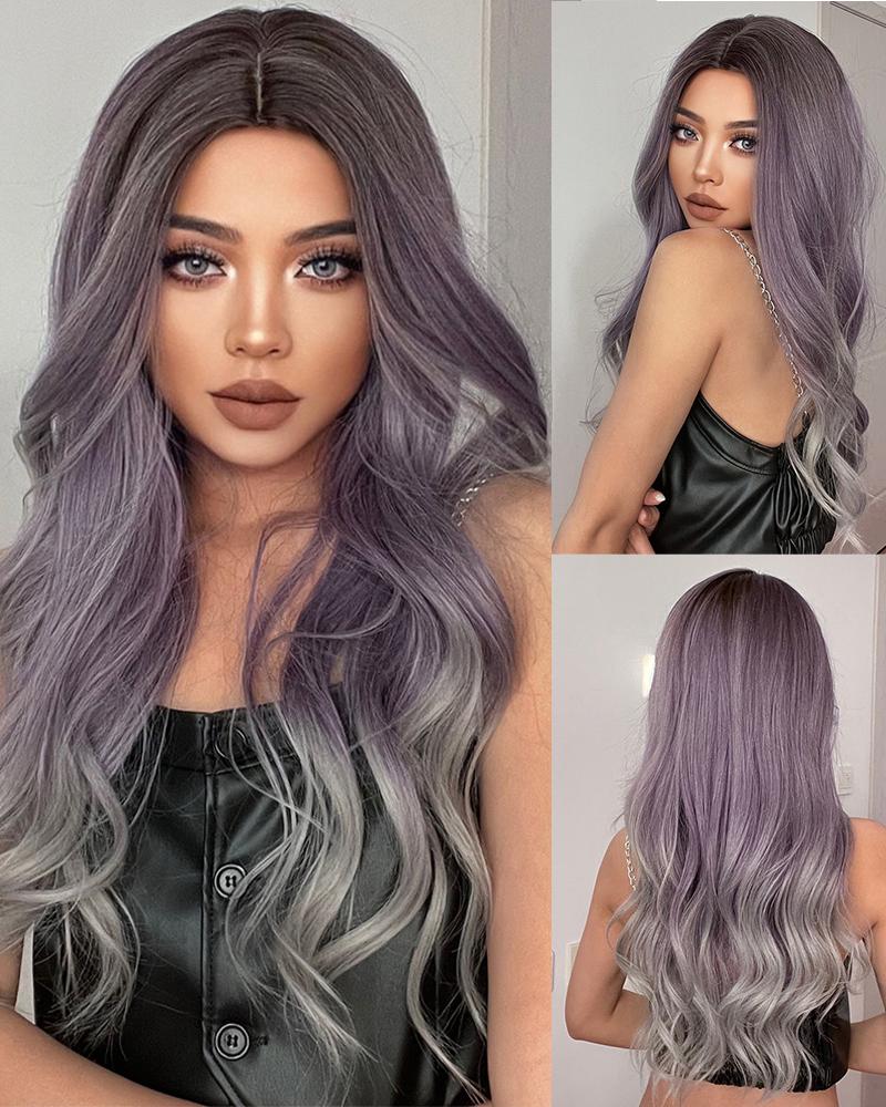 

24 Inch Ombre Grey Mix Purple Wavy Middle Part Heat Resistant Synthetic Hair Wig, Style1