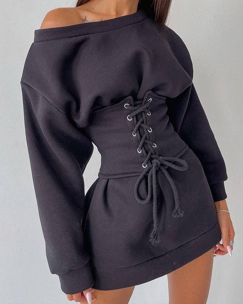 

Long Sleeve Eyelet Lace-up Corset Casual Dress, Black