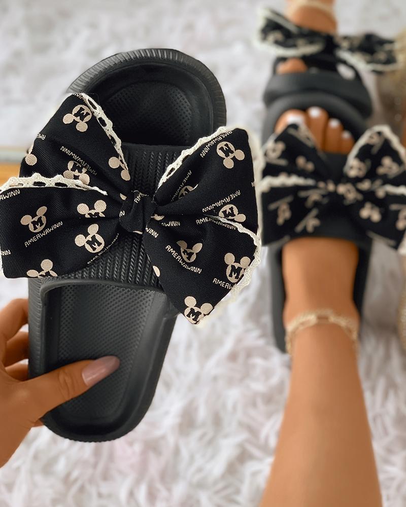 

Cartoon Letter Print Bowknot Slippers, Black