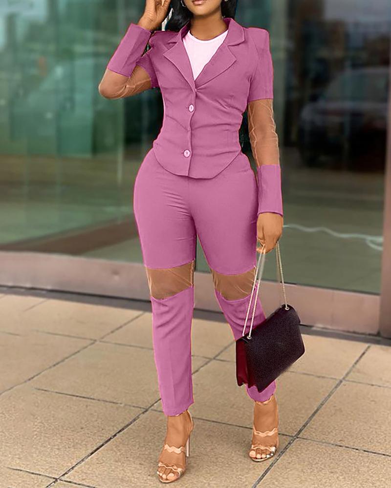 

Sheer Mesh Buttoned Blazer Coat & Pants Sets, Purple