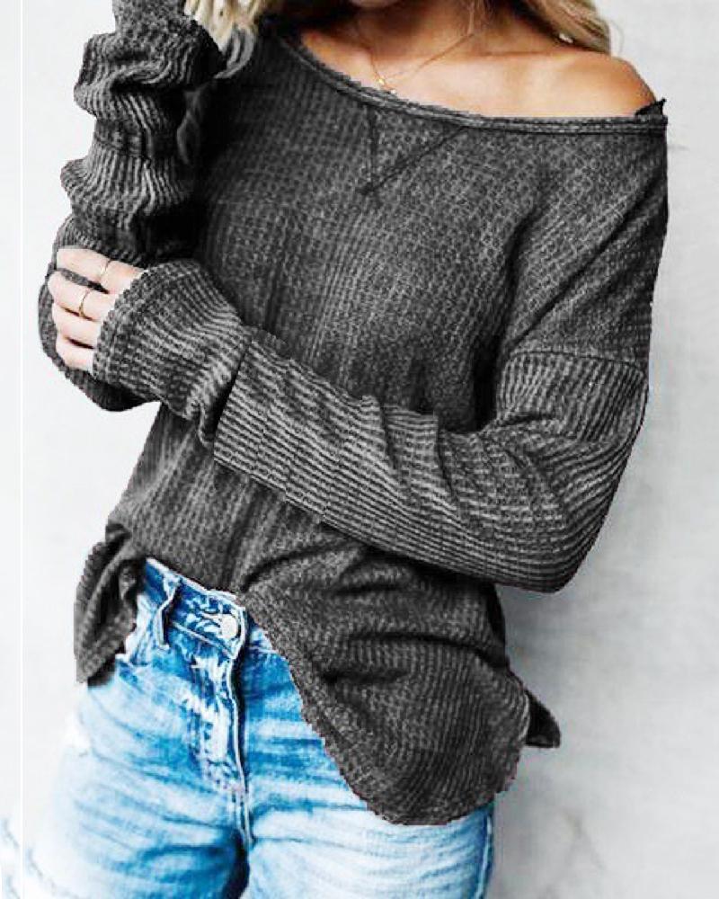 

Solid Off Shoulder Waffle Plaid Long Sleeve Blouse, Gray