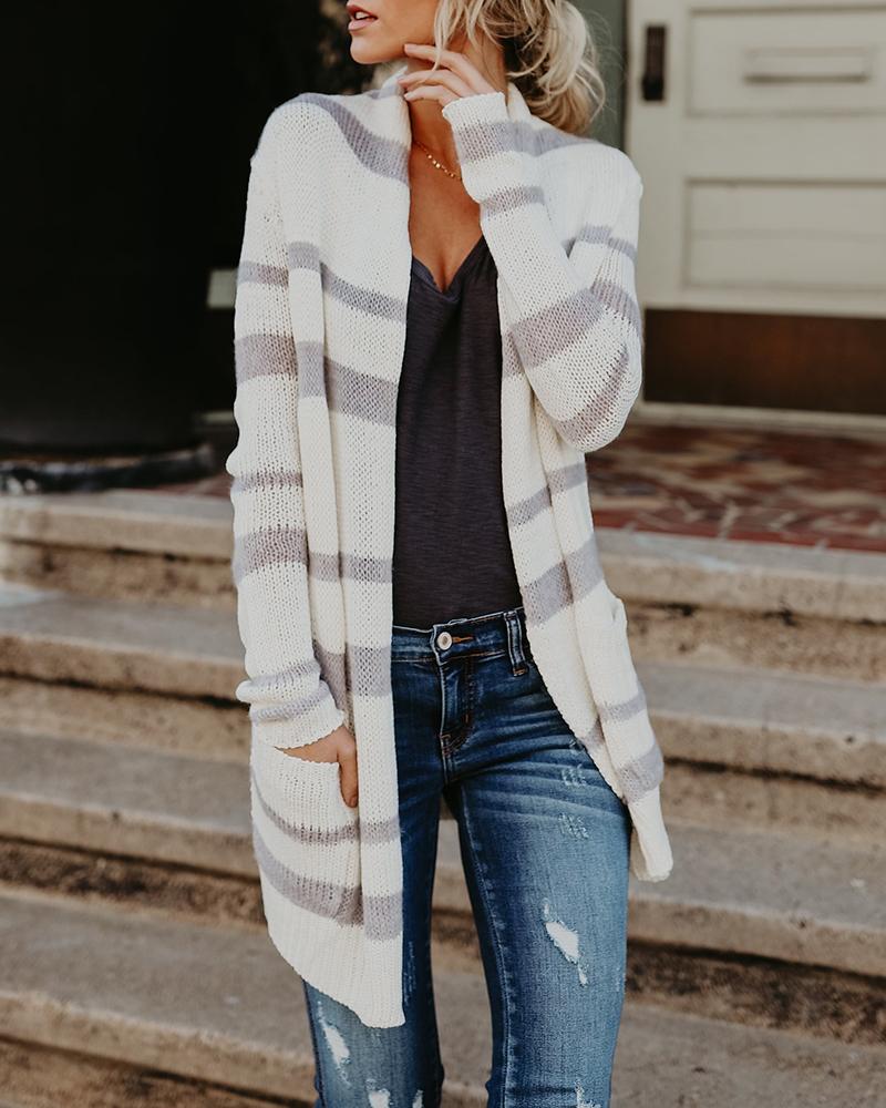 

Knitting Striped Long Sleeve Open Front Sweater, White