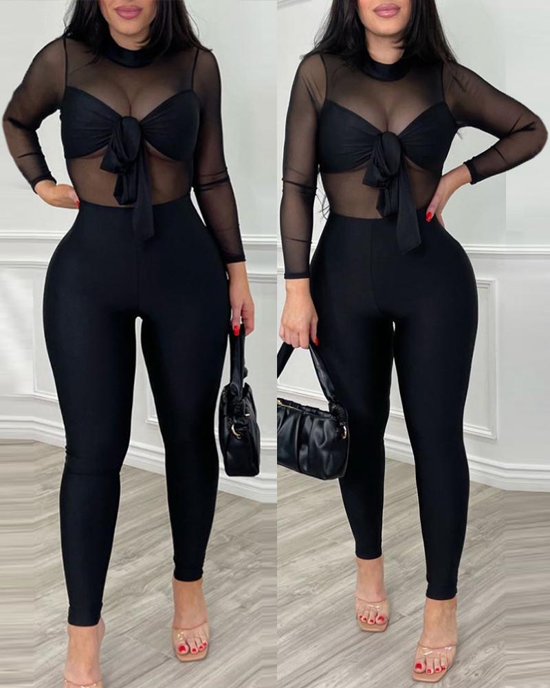 

Contrast Mesh Tied Detail Long Sleeve Jumpsuit, Black