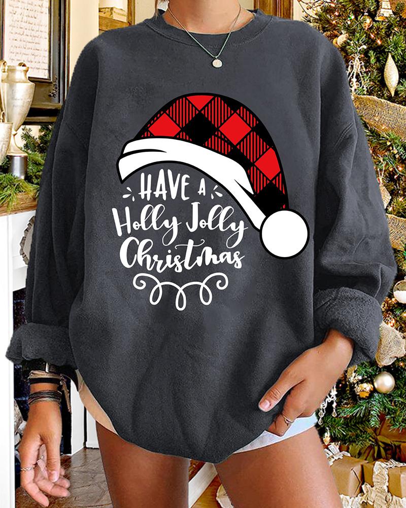 

Christmas Long Sleeve Plaid Hat Letter Print Sweatshirt, Gray